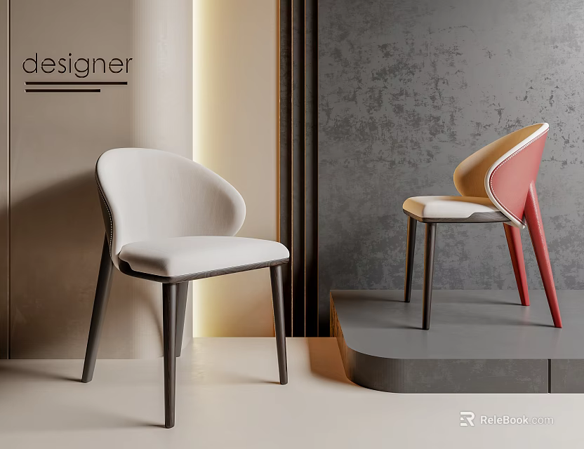Stylish Accent Chairs Light Gray Yellow Red With Textured Gray Wall And Wooden Legs 3d model 