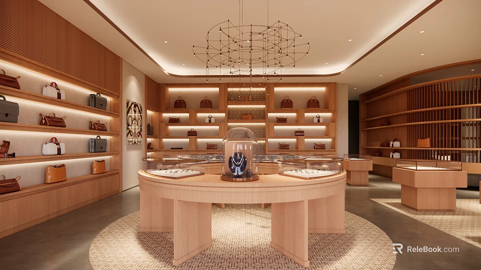 Elegant Jewelry Store Interior With Round Display Counter Wooden Shelves And Hanging Chandelier 3d model 