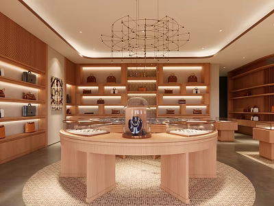 Elegant Jewelry Store Interior With Round Display Counter Wooden Shelves And Hanging Chandelier 3d model
