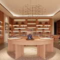 Elegant Jewelry Store Interior With Round Display Counter Wooden Shelves And Hanging Chandelier