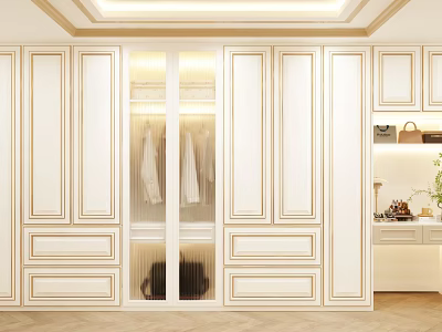 Elegant White Wardrobe With Golden Trim And Glass Doors Featuring Clothes For Modern Interior Design 3d model