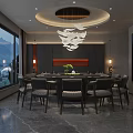 Private Dining Box With Large Windows Mountain View Dining Table Chairs And Modern Chandelier 3d model