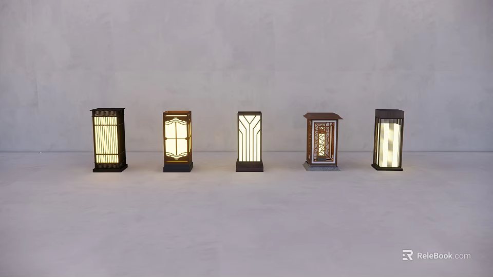 Five Modern Floor Lamps With Different Decorative Shades And Dark Bases 3d model 