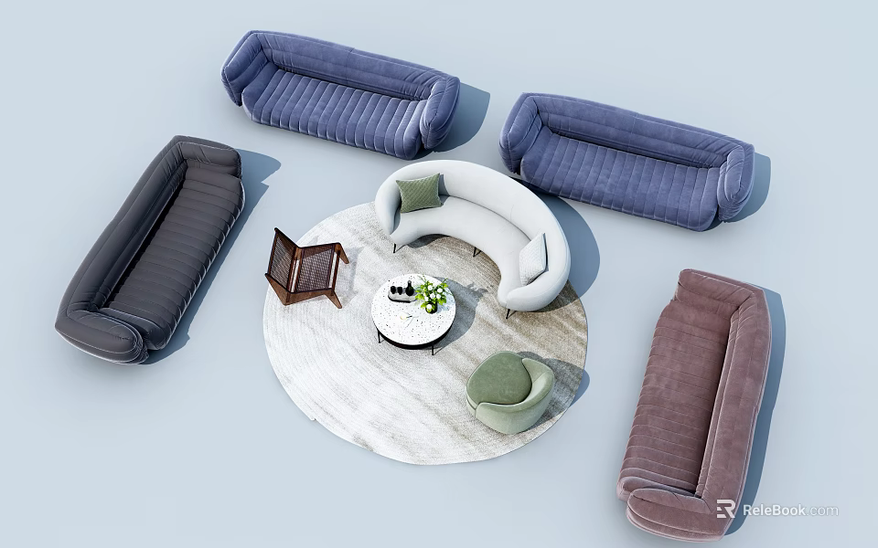 Modern Upholstered Sofa And Coffee Table Set With Multiple Colors And Decorative Green Plants 3d model