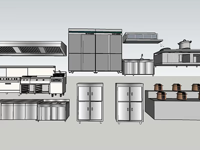 Stainless Steel Commercial Kitchen Appliances Including Refrigerators Stoves And Cabinets 3d model