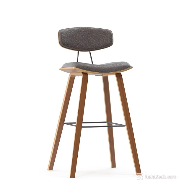 Modern Grey Upholstered Bar Stool with Wooden Legs and Metal Crossbar 3d model 