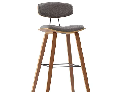 Modern Grey Upholstered Bar Stool with Wooden Legs and Metal Crossbar 3d model