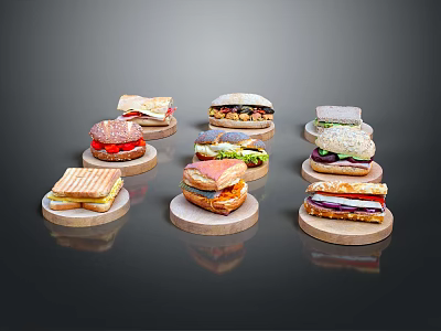 Various Types Of Delicious Sandwiches Arranged On Wooden Trays With Fresh Ingredients 3d model