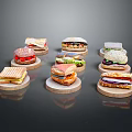 Various Types Of Delicious Sandwiches Arranged On Wooden Trays With Fresh Ingredients