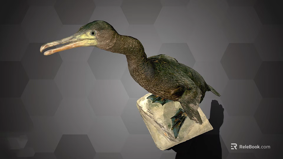 Dark Feathered Bird with Long Beak Standing on Square Stone Base Against Hexagonal Patterned Background 3d model