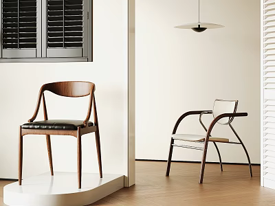 Modern Wooden And Metal Dining Chairs With Black Upholstered And White Seats In Showroom 3d model