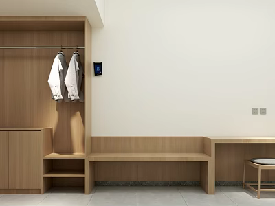 Minimalist Entryway Featuring Wooden Coat Rack Hanging Coats Bench And Gray Tiled Floor 3d model
