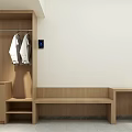 Minimalist Entryway Featuring Wooden Coat Rack Hanging Coats Bench And Gray Tiled Floor