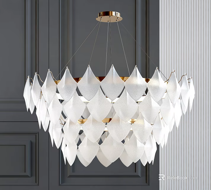 Modern White Chandelier With Gold Accents And Leaf Shaped Design On Gray Wall 3d model 