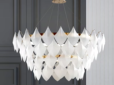 Modern White Chandelier With Gold Accents And Leaf Shaped Design On Gray Wall 3d model