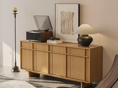 Modern Minimalist Wooden Decorative Cabinet With Vinyl Record Player Books Table Lamp And Decorative Painting 3d model