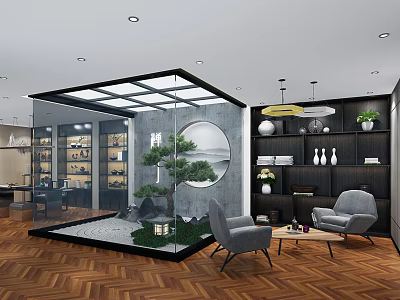 Modern Basement Interior Design With Glass Walls Zen Garden Gray Armchairs And Wooden Flooring 3d model