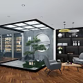 Modern Basement Interior Design With Glass Walls Zen Garden Gray Armchairs And Wooden Flooring