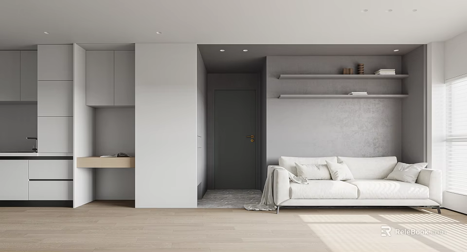 Minimalist Apartment Living Space With White Sofa And Storage Shelves 3d model 