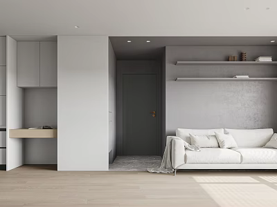 Minimalist Apartment Living Space With White Sofa And Storage Shelves 3d model