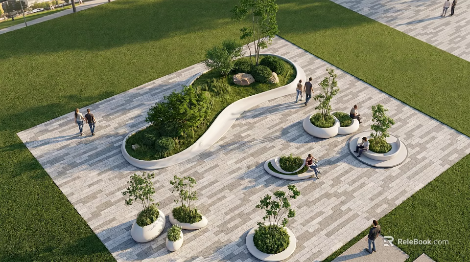 Outdoor Tree Planters Landscape Design With Curved Shapes Paved Ground And Greenery 3d model 