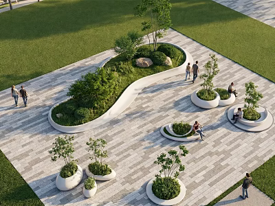 Outdoor Tree Planters Landscape Design With Curved Shapes Paved Ground And Greenery 3d model