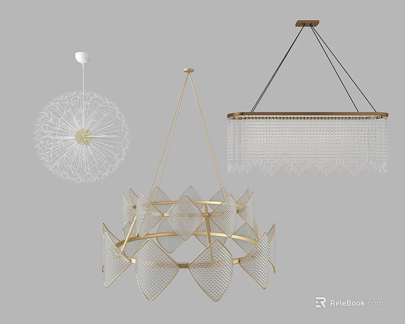 Modern Elegant Crystal Chandeliers With Gold Frame Transparent Crystals And Unique Designs 3d model 