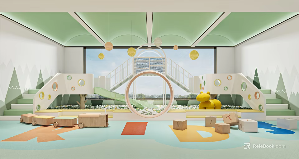 Colorful Children's Play Area With Green Ceiling Slide Circular Decor Yellow Toys And Blocks 3d model 
