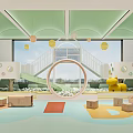 Colorful Children's Play Area With Green Ceiling Slide Circular Decor Yellow Toys And Blocks