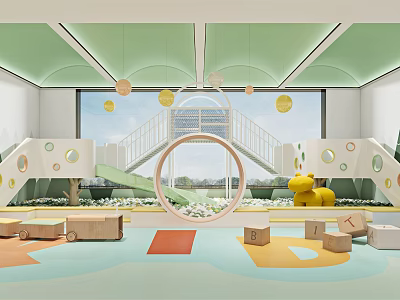Colorful Children's Play Area With Green Ceiling Slide Circular Decor Yellow Toys And Blocks 3d model