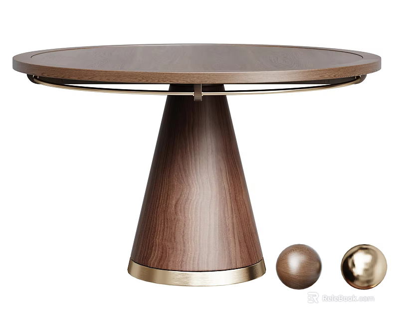Modern Round Walnut Dining Table with Conical Base and Brass Trim Decorative Metal Balls 3d model