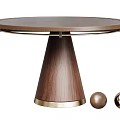 Modern Round Walnut Dining Table with Conical Base and Brass Trim Decorative Metal Balls 3d model