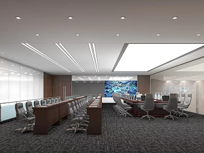 Modern Conference Room With Long Table Chairs Large Painting Recessed Lighting Skylight And Glass Walls 3d model