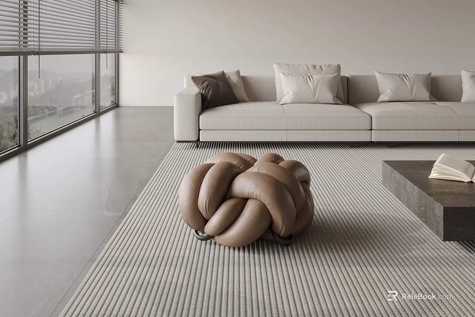 Modern Living Room Interior With Large Windows Beige Sofa Brown Woven Ottoman And Gray Rug 3d model 