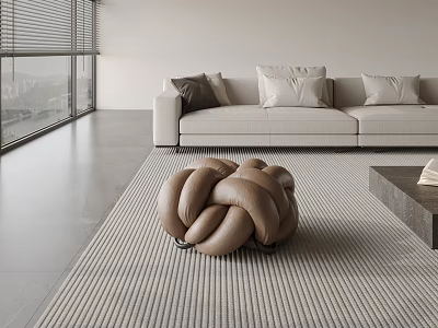 Modern Living Room Interior With Large Windows Beige Sofa Brown Woven Ottoman And Gray Rug 3d model