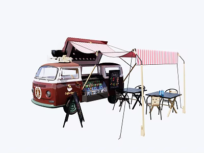 Vintage Food Truck With Striped Awning And Outdoor Dining Tables Chairs 3d model