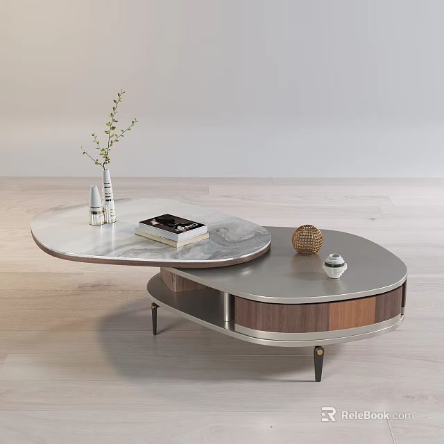 Modern Oval Marble Coffee Table With Metal Base Vase Book Decorative Ball And Bowl 3d model 