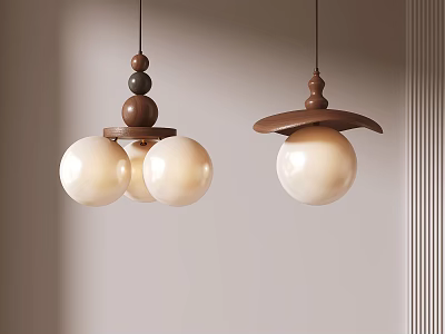 Modern Wooden Pendant Lights With Brown Decorative Balls And White Spherical Shades 3d model