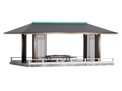Modern Pergola With Black Roof Green Edge Lattice Design Marble Platform And White Railings 3d model