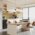 Modern Restaurant Interior With Open Kitchen White Cabinets Yellow Tiles Dining Table And Brown Chairs