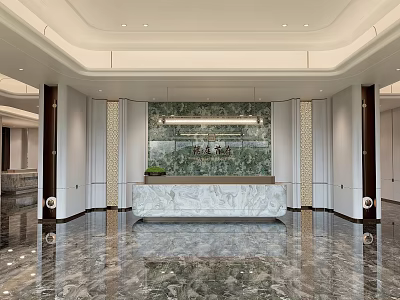 Luxurious Hotel Lobby Interior Design With Spacious Marble Floor And Reception Desk 3d model