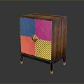 Wooden Side Table With Gold Striped Design And Triangular Accent Black Legs Gold Feet