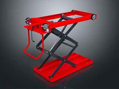 Red Scissor Lift Table With Black Frame Manual Handle And Wheels For Industrial Use 3d model