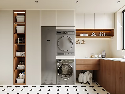 Modern Laundry Room With Washer Dryer Cabinets Sink Storage Shelves And Black White Tile Floor 3d model