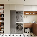 Modern Laundry Room With Washer Dryer Cabinets Sink Storage Shelves And Black White Tile Floor