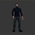 Man in Dark Blue Turtleneck Sweater Dark Pants and Black Shoes Standing Against Gray Background