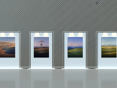 Event Exhibition Wall With Four Framed Landscape Artworks On Gray Striped Background 3d model