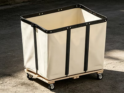 Beige Canvas Storage Container With Black Straps And Wooden Pallet Base On Wheels 3d model