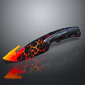 Sharp Tactical Knife With Orange Black Cracked Blade And Black Handle Reflective Surface Design