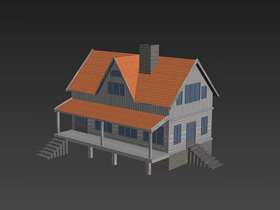 Single Family House With Orange Roof Gray Exterior Chimney Front Porch And Steps 3d model